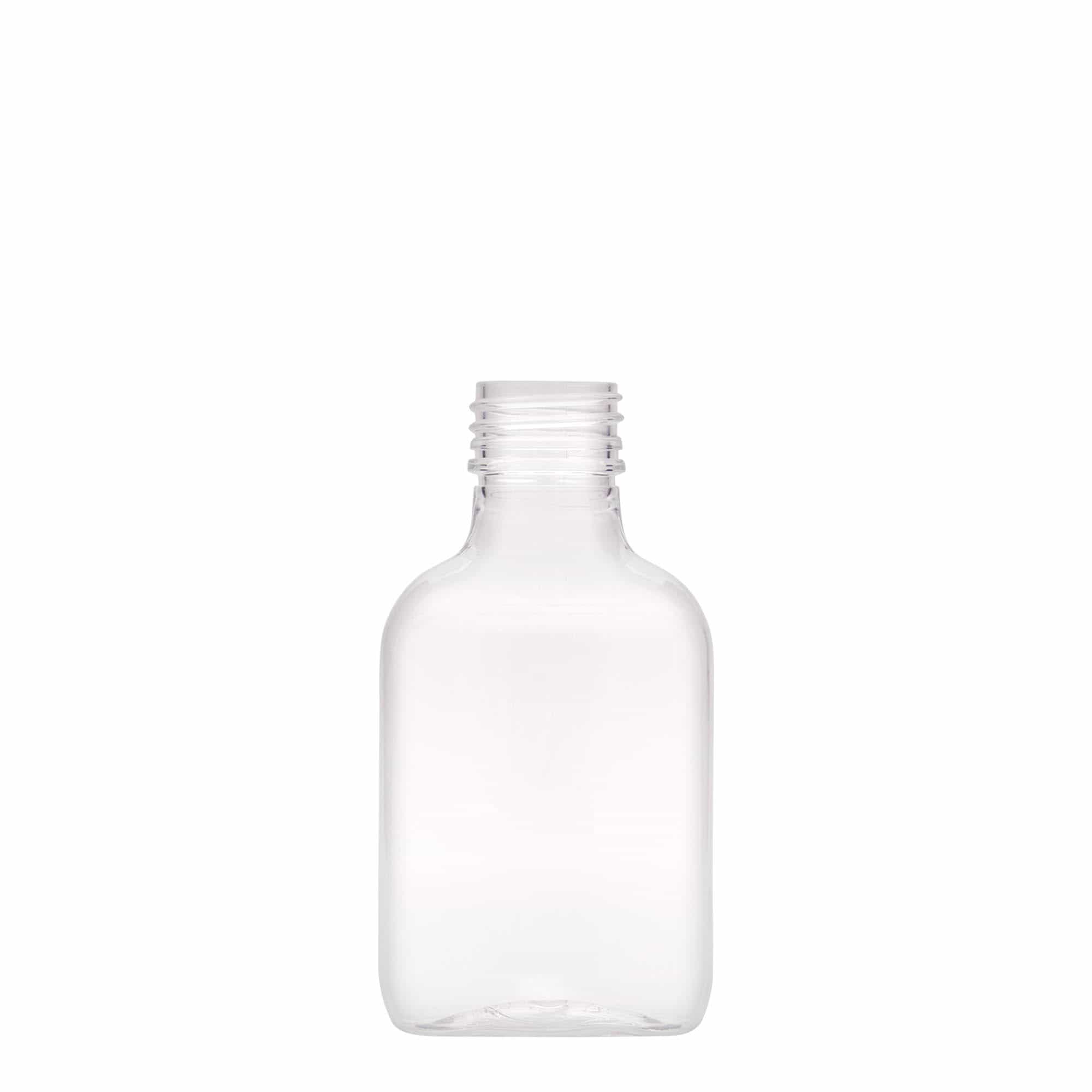 100 ml blašķe, ovāla, PET plastmasas, aizdare: PP 28